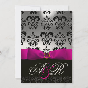 INVITATION ROSE FUCHSIA RIBBON BLANC BLACK DAMASK MONOGRAM