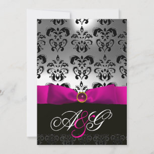 INVITATION ROSE FUCHSIA RIBBON BLANC BLACK DAMASK MONOGRAM