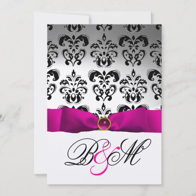 INVITATION ROSE FUCHSIA RIBBON OR BLACK DAMASK MONOGRAM (Devant)