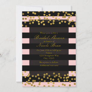 Invitation Rose gêné & Rayures noires points de feuille d'or