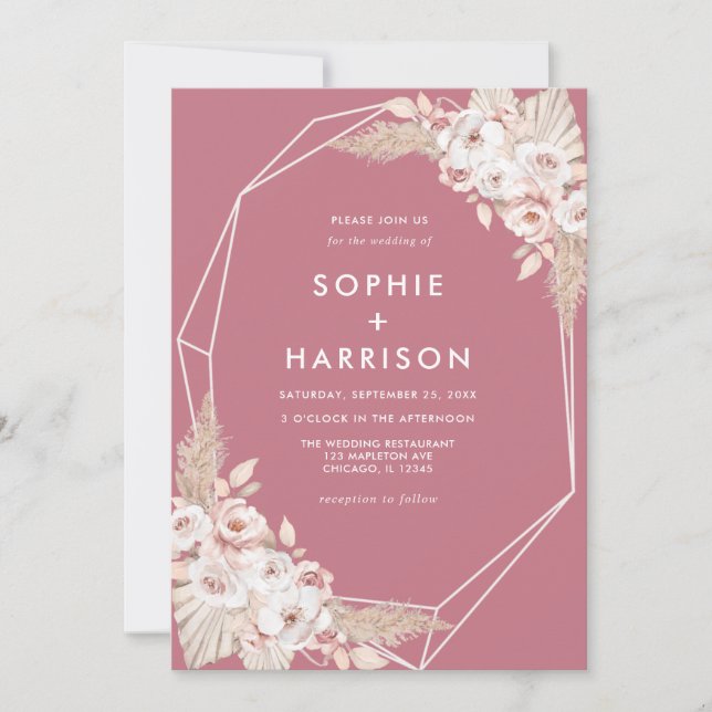 Invitation Rose géométrique Dusty Boho Pampas Mariage en herb (Devant)