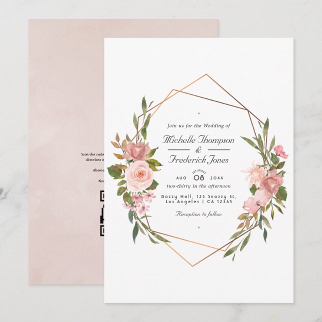 Invitation Rose géométrique Gold et rose vif Mariage Photo I (Devant / Derrière)
