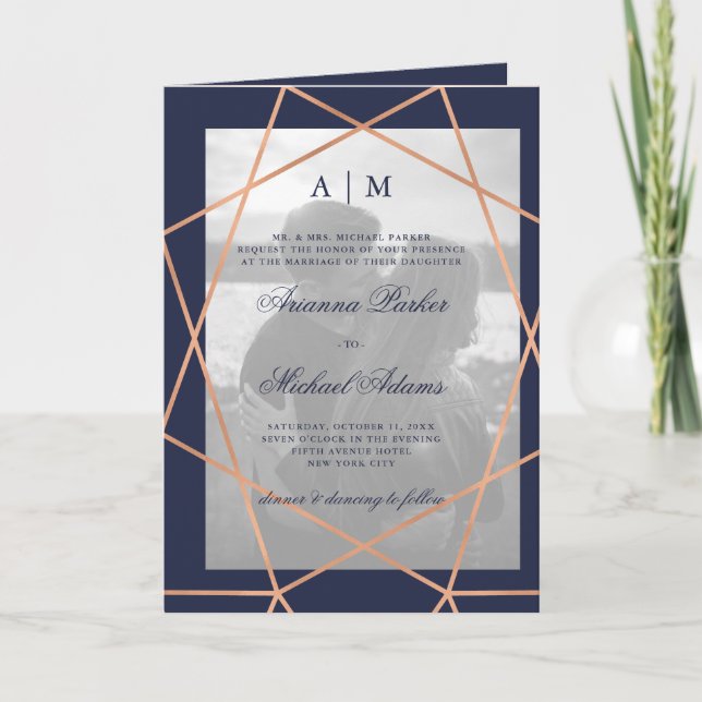 Invitation Rose Géométrique Midnight Blue Photo Mariage plié (Devant)