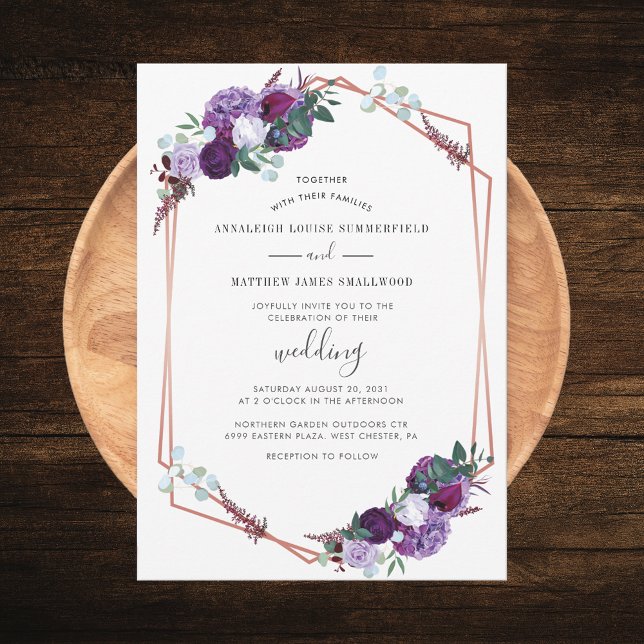 Invitation Rose géométrique moderne violet Mariage Floral or (Purple Floral Geometric Script Wedding Invitation)