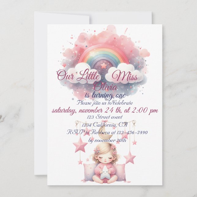 Invitation Rose Girl Rainbow Star Anniversaire (Devant)