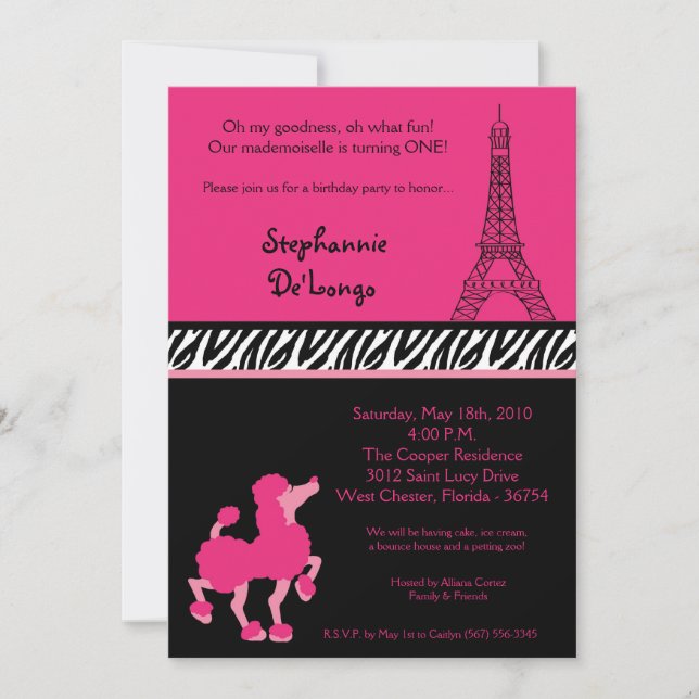 invitation rose Girly d'anniversaire de Paris du (Devant)