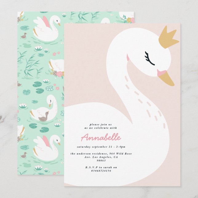 Invitation Rose girly élégant mignon belle cygne enfants  (Devant / Derrière)