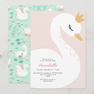 Invitation Rose girly élégant mignon belle cygne enfants 
