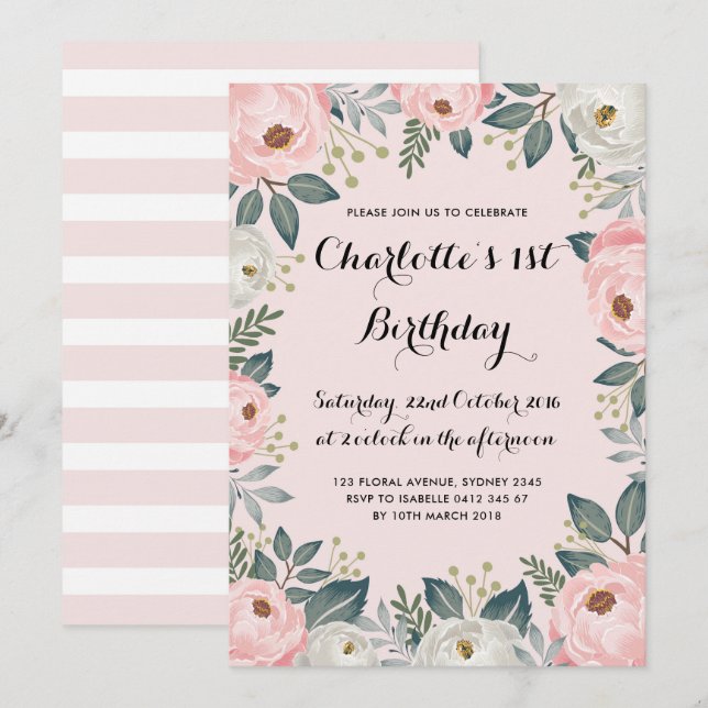 Invitation Rose Girly et fête d'anniversaire florale de (Devant / Derrière)