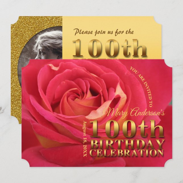 Invitation Rose Gold 100th Birthday Celebration ajouter Photo (Devant / Derrière)