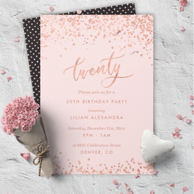 Invitation rose Gold 20th Birthday | Faux Foil (Créateur téléchargé)