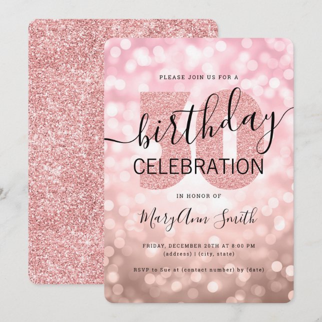 Invitation Rose Gold 30th Birthday Parties scintillant Lumièr (Devant / Derrière)