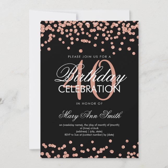 Invitation Rose Gold 40e anniversaire Parties scintillant Con (Devant)
