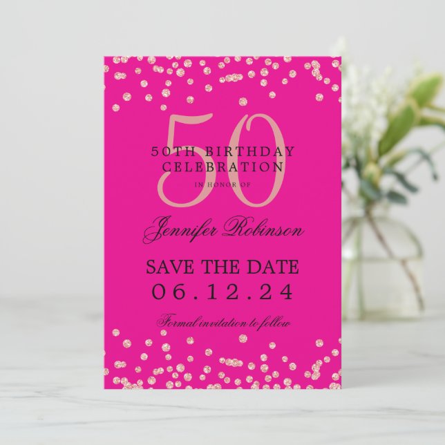 Invitation Rose Gold 50 Anniversaire Date de sauvegarde Confe (Debout devant)