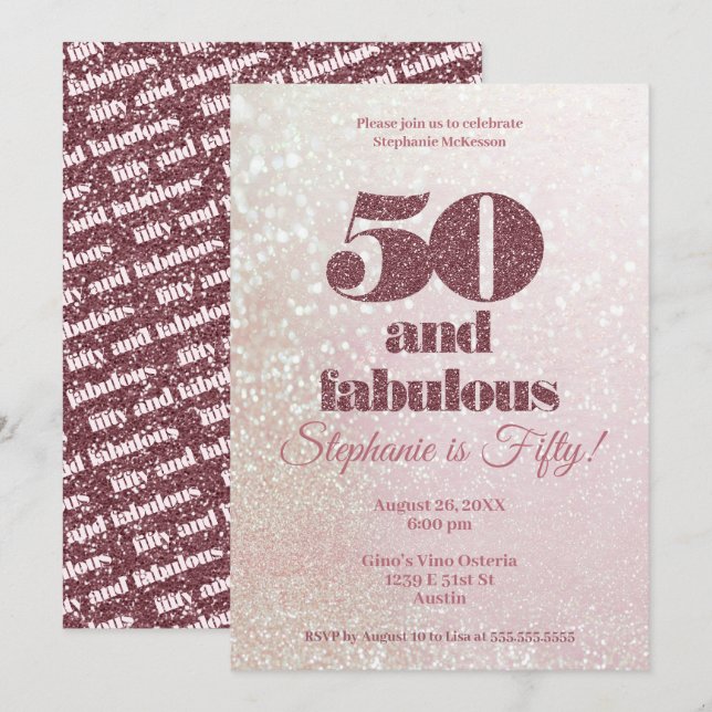 Invitation Rose Gold 50 et fabuleux Elégant Cinquante Anniver (Devant / Derrière)