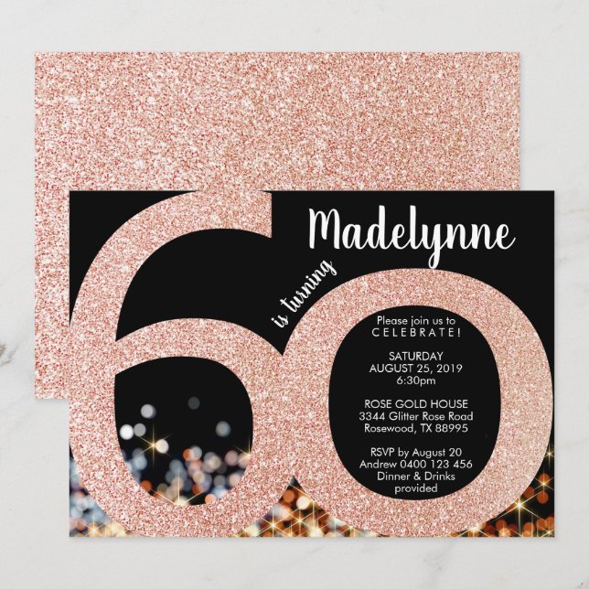 Invitation Rose Gold 60th Birthday - 60th Female (Devant / Derrière)