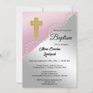 Invitation Rose Gold Argent Metallic & Perles Baptême