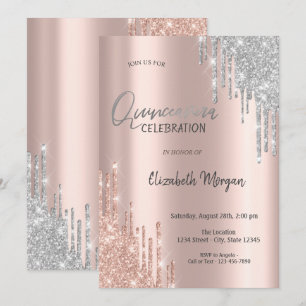 Invitation Rose Gold Argent Paillettes Gouttes Quinceañera