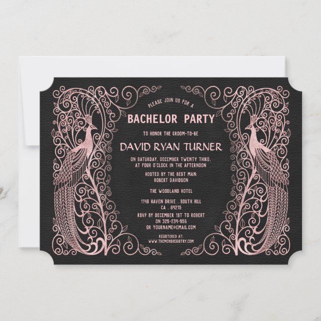 Invitation Rose Gold Art Déco Peacock Black Wedding Invitatio (Devant)