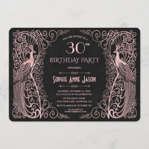 Invitation Rose Gold Art Peacocks 30e fête d'anniversaire