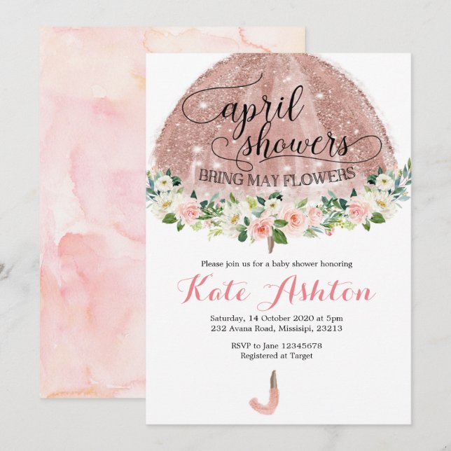 Invitation Rose Gold Avril Douches Parapluie Baby shower Invi (Devant / Derrière)