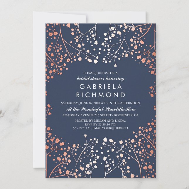 Invitation Rose Gold Baby's Breath Floral Fête des mariées (Devant)