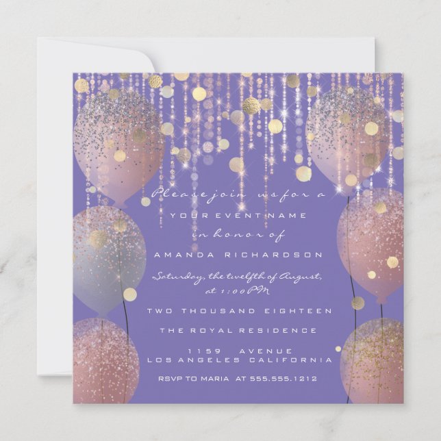 Invitation Rose Gold Ballon Pailleté Douce Mariée 16ème Pourp (Devant)