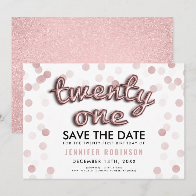 Invitation Rose Gold Ballons Parties scintillant 21e annivers (Devant / Derrière)