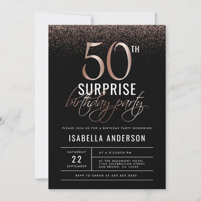 Invitation Rose Gold & Black 50th Surprise Anniversaire Party (Devant)
