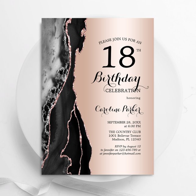 Invitation Rose Gold Black Agate 18e anniversaire (Créateur téléchargé)