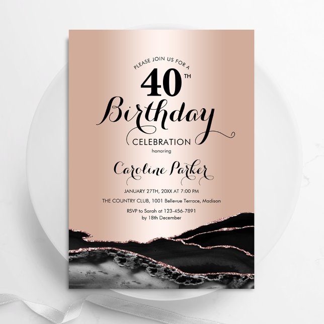 Invitation Rose Gold Black Agate 40e anniversaire (Créateur téléchargé)