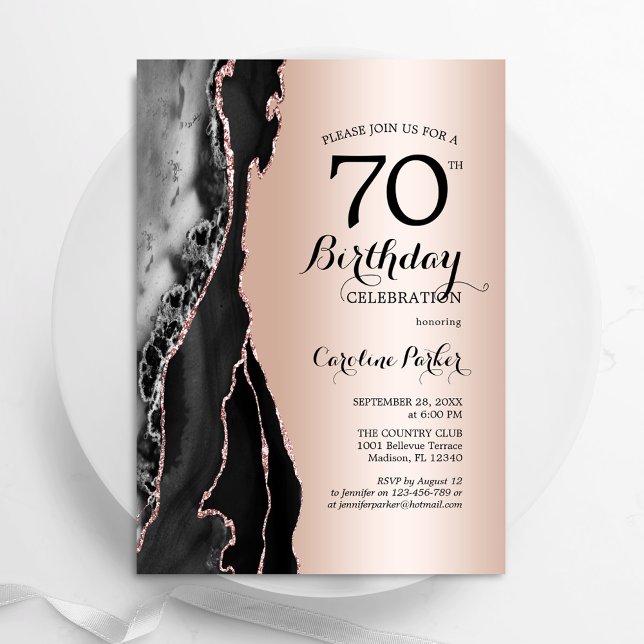 Invitation Rose Gold Black Agate 70e anniversaire (Créateur téléchargé)
