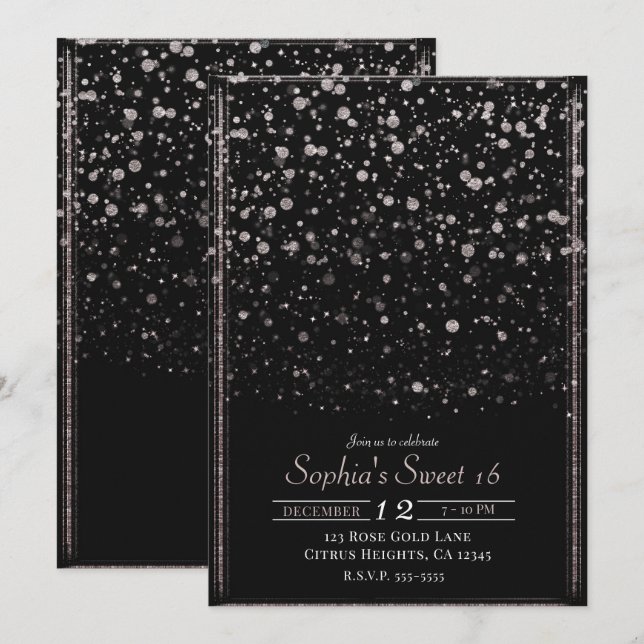 Invitation Rose Gold & Black Confetti Splatter Sweet 16 Party (Devant / Derrière)