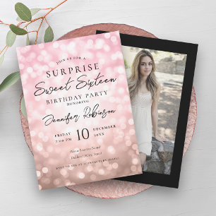 Invitation Rose Gold Black Lights Photo SURPRISE Sweet 16