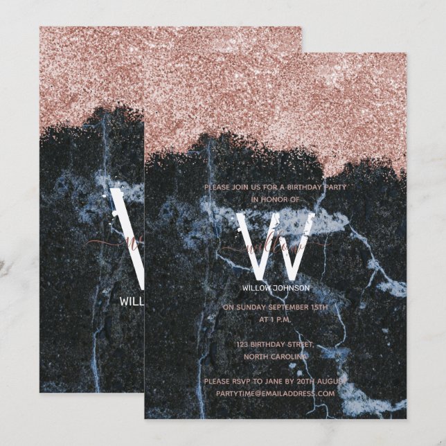 Invitation Rose Gold Black Marble Parties scintillant Toute a (Devant / Derrière)