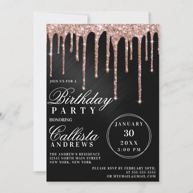 Invitation Rose Gold Black Metallic Parties scintillant Drive (Devant)