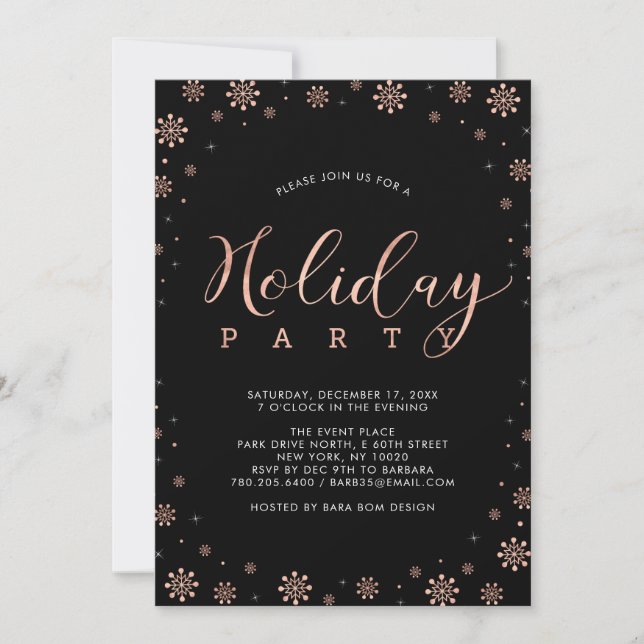 Invitation Rose Gold & Black Modern Snowflakes Fête (Devant)