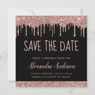 Invitation Rose Gold Black Parties scintillant Sweet 16 Enreg