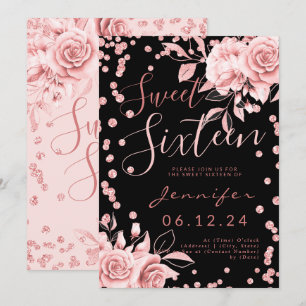 Invitation Rose Gold Black Sweet 16 Parties scintillant Confe