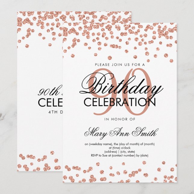 Invitation Rose Gold Blanc 90e anniversaire Parties scintilla (Devant / Derrière)