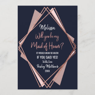 Invitation Rose Gold Bleu Nuit Mauve Géométrique Demoiselle d