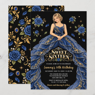 Invitation Rose Gold Bleu Sweet Sixteen Anniversaire