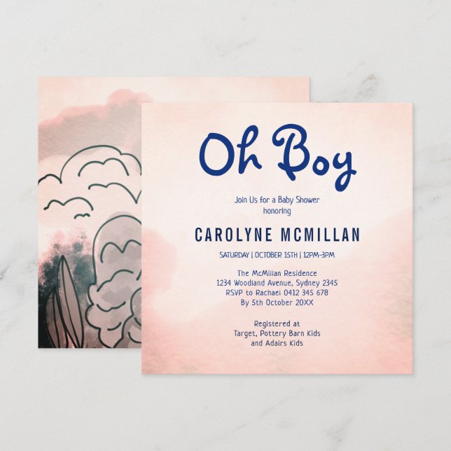 Invitation Rose Gold Blue Green Botanical Baby Boy Douche (Devant / Derrière)