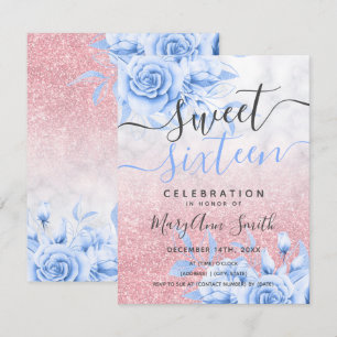 Invitation Rose Gold Blue Marbre Floral Parties scintillant S