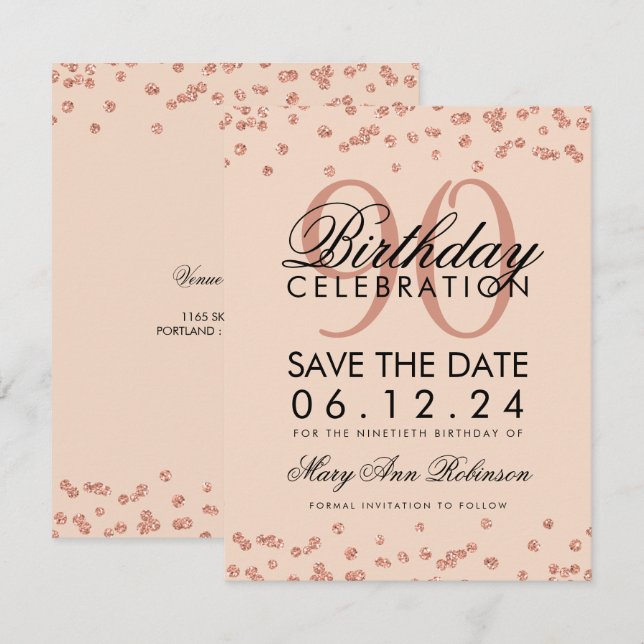 Invitation Rose Gold Blush 90th Birthday Save Date Confetti (Devant / Derrière)