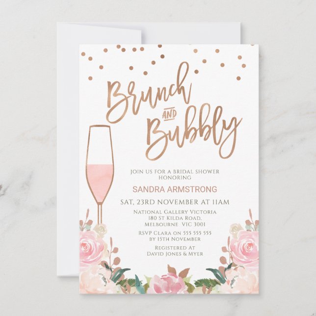 Invitation Rose Gold Blush Brunch Fête des mariées Bubbly (Devant)