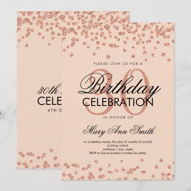 Invitation Rose Gold Blush Parties scintillant Confetti 30e a (Devant / Derrière)