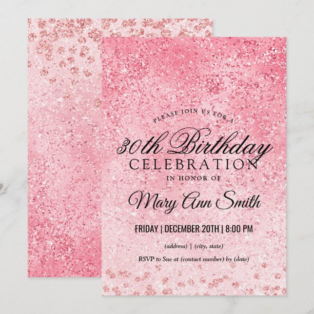Invitation Rose Gold Blush Parties scintillant Glam 30e anniv (Devant / Derrière)