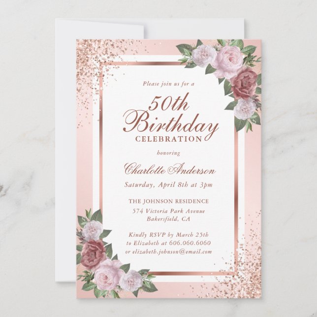 Invitation Rose Gold Blush Pink Confetti Floral 50e Anniversa (Devant)