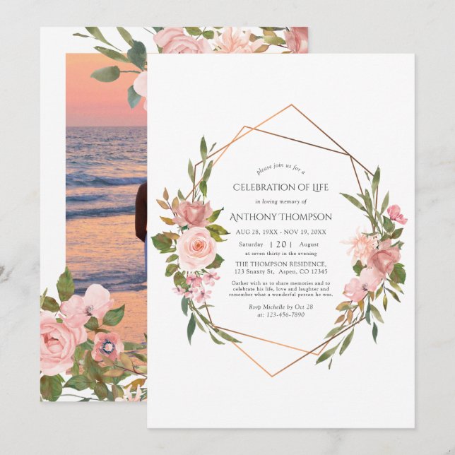 Invitation Rose Gold & Blush Pink Floral Célébration de la vi (Devant / Derrière)